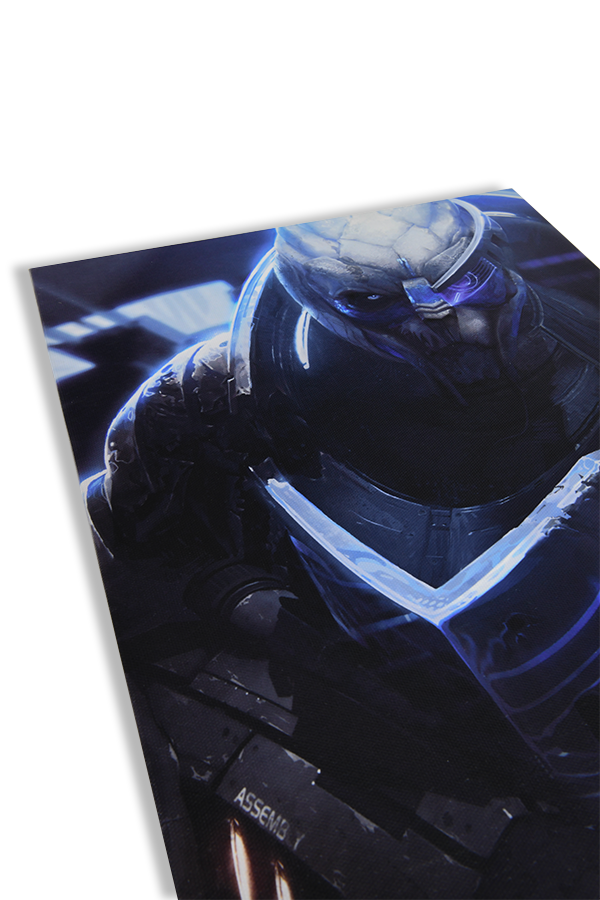 Image shows Mass Effect Archangel Small Canvas Print lying down facing at an angle. Product is a stretched canvas over a wooden frame. 
