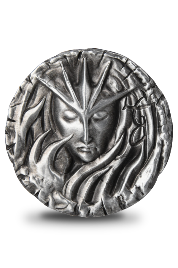 Image shows Dragon Age Cullen's Lucky Coin upright facing forward featuring Andraste's crowned effigy. 