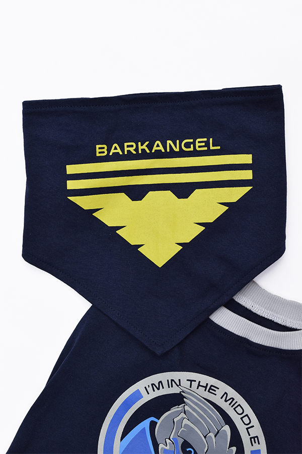 Image shows the Barkangel (word play for Archangel) Bandana. THe Bandana shows a text that reads Barkangell with the Archangel logo beneath it. Archangel is a mercenary commander whose operations are noted for their technical expertise and strategic brilliance. He is responsible for high-profile attacks on gang leaders on Omega and can likely be found there.
