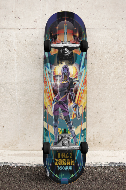Image shows Mass Effect Tali Zorah Skate Deck resting on a wall with the deck facing front. Product is made with 7-8 ply maple plywood deck. Product is extremely durable and waterproof.