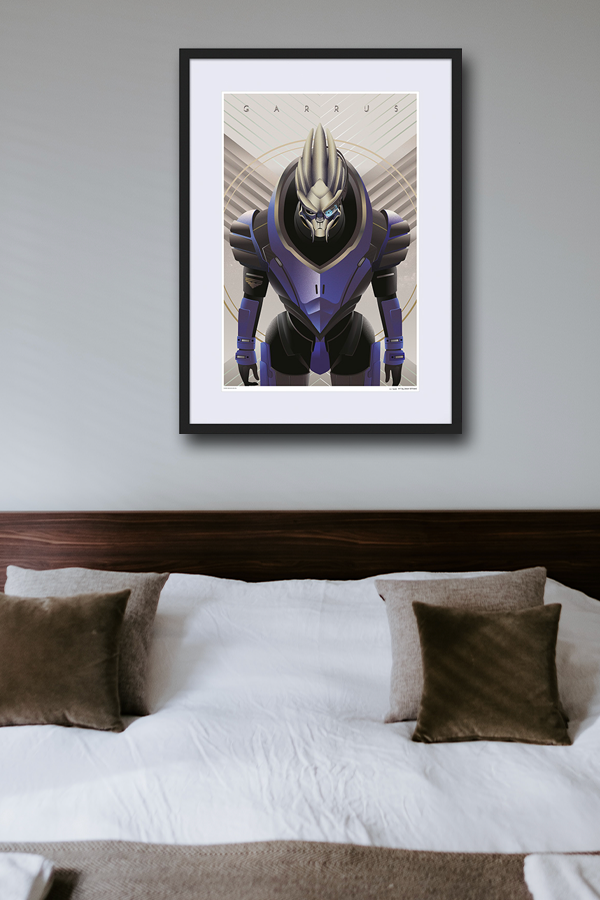 Image shows Mass Effect Garrus Fine Art Print hanging on a wall above a sofa. Product is made with 100% white chorus art silk/matte aqueous coating.