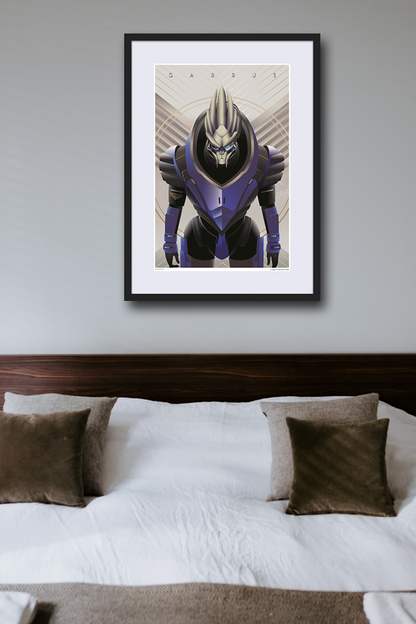 Image shows Mass Effect Garrus Fine Art Print hanging on a wall above a sofa. Product is made with 100% white chorus art silk/matte aqueous coating.