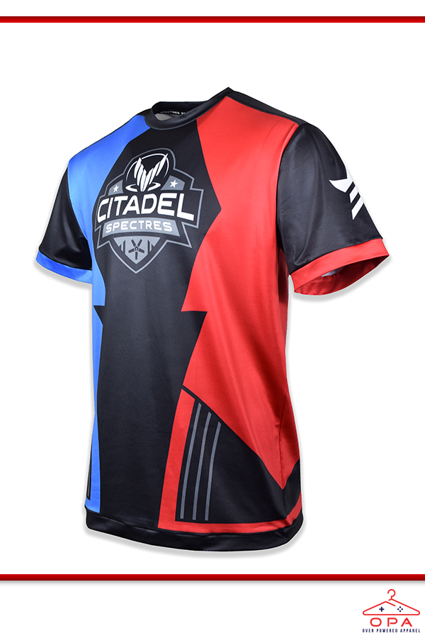 Image shows Mass Effect eSport OPA Jersey facing at a right angle. Product is a Bioware Gear Store Exclusive with front, back, and sleeve prints.