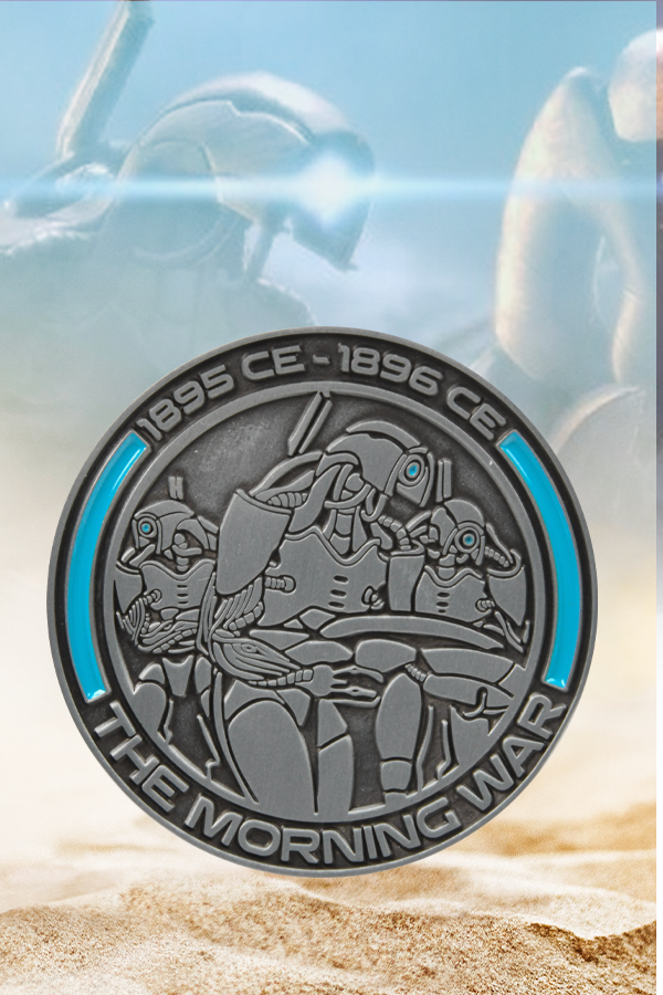 Image shjows Mass Effect Morning War Challenge Coin with the Morning War side facing front. This side shows the Geth Armed Forces.