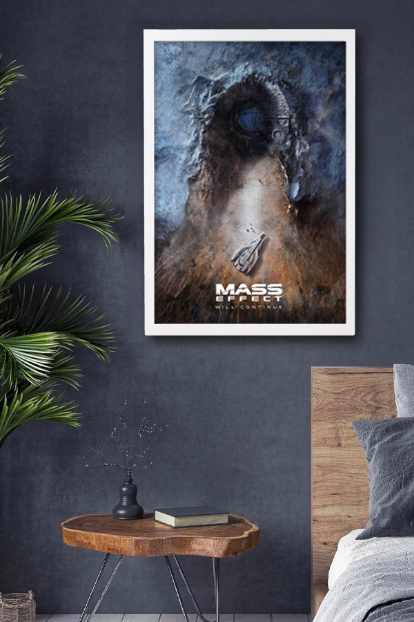 Image shows Mass Effect Mysteries from the Future Lithograph hanging on a wall facing front. Product is 36oz that provides countless theories regarding the setting of the next game. 