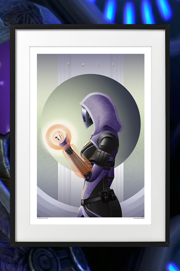 Image shows Mass Effect Tali Fine Art Lithograph framed and facing front. Tali'Zorah nar Rayya is a quarian and a member of Commander Shepard's squad. She is the daughter of Rael'Zorah, a member of the Admiralty Board. Though young, Tali is a mechanical genius.