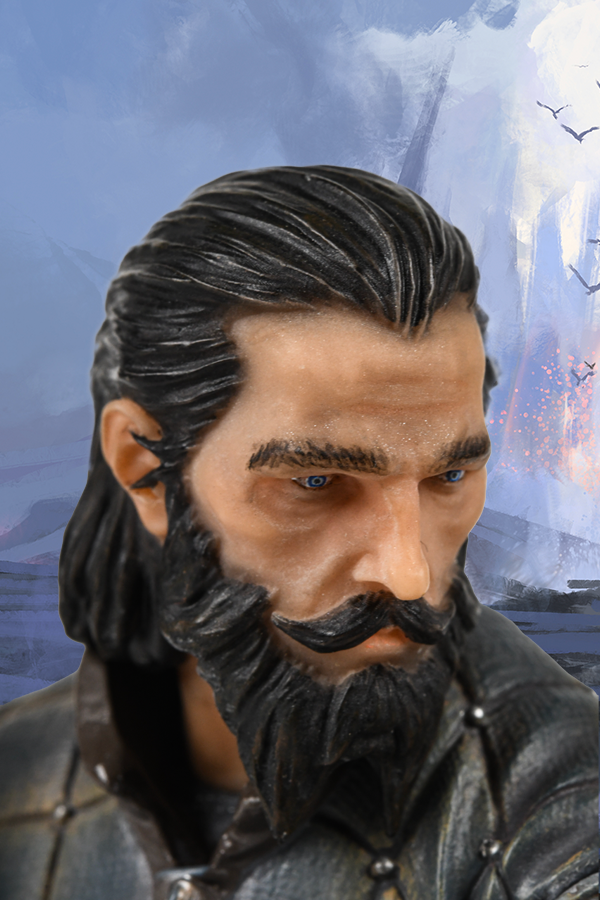 Image shows Dragon Age Blackwall Statue facing at an angle with his face zoomed in. Product is made with Polyresin and comes with a certificate of authenticity.