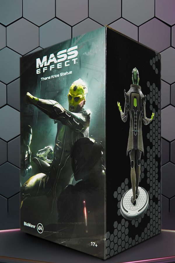 Image shows Thane Krios Statue's box standing up facing at an angle. 