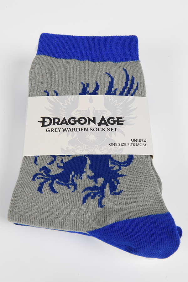 Image shows Dragon Age Grey Warden gray socks folded and laid flat. Product is made with 75% cotton, 23% polyester, 2% elastic.