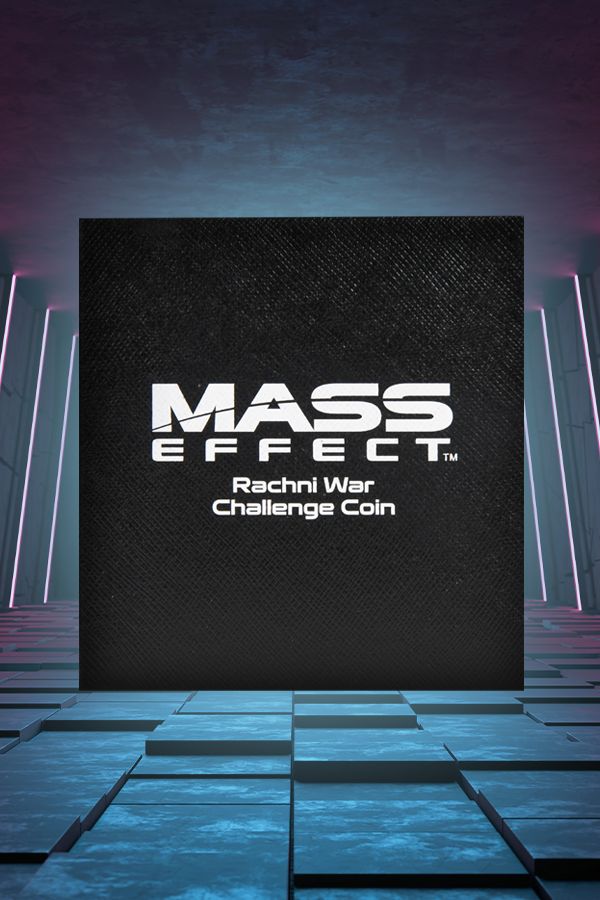 Image shows the gift box that comes with the Mass Effect Rachni Wars Challenge Coin. The black wooden box features Mass Effect branding on the lid and the inside, with a soft, velvet display.