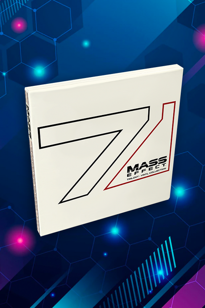 Image shows Mass Effect Vinyl Collection 4LP Tali Variant Box Set standing up facing front. Packaging features a rigid slipcase with 4-pocket jacket featuring 6 concept artworks from the Mass Effect trilogy embellished with spot UV and red & black metallic foil-stamped highlights. 