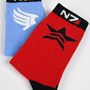 Image shows Mass Effect Paragon Renegade Sock Set folded on top of one another. Product is made with 75% cotton, 20% poly, and 5% plastic.
