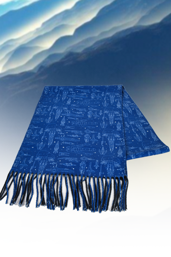 Image shows Mass Effect Ships and Stations Blueprint Scarf folded over itself 3 times while laid flat. Product size is 70" x 12".