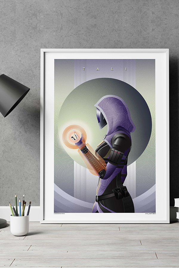 Image shows Mass Effect Tali Fine Art Print Lithograph framed and resting on a wall on top of a table. In 2183, she is on her Pilgrimage, the rite of passage to prove her worth and bring something of value back to her people aboard the Migrant Fleet. In 2185, having completed her Pilgrimage, Tali has been entrusted with leading an important research mission for the Admiralty Board.