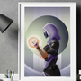 Image shows Mass Effect Tali Fine Art Print Lithograph framed and resting on a wall on top of a table. In 2183, she is on her Pilgrimage, the rite of passage to prove her worth and bring something of value back to her people aboard the Migrant Fleet. In 2185, having completed her Pilgrimage, Tali has been entrusted with leading an important research mission for the Admiralty Board.