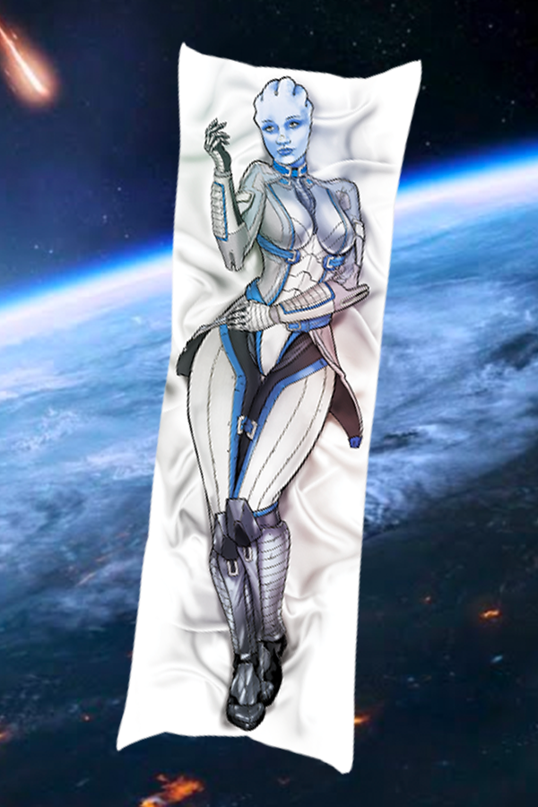 Image shows Mass Effect Liara Body Pillow with the vuilnerable side facing front. Product fits a standard 20 x 54 in (51 x 137 cm) body pillow.