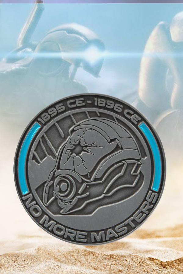 Image shows Mass Effect Morning War Challenge Coin with the No More Masters side facing front. This side shows a destroyed Quarian Helmet. 