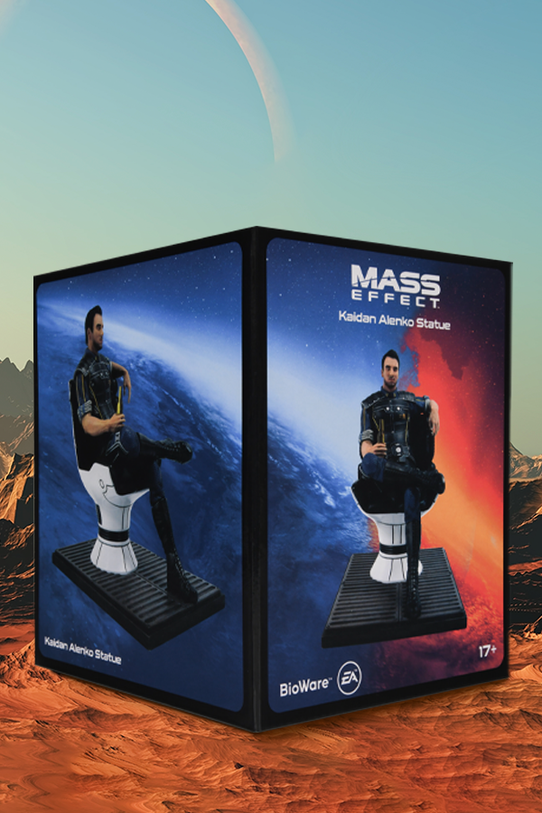 Image shows Mass Effect Kaidan Alenko Statue's box facing at an angle. The front of the box shows the Product facing front and text that reads Mass Effect Kaidan Alenko Sttaue. The right side of the box shows the Product's left side.