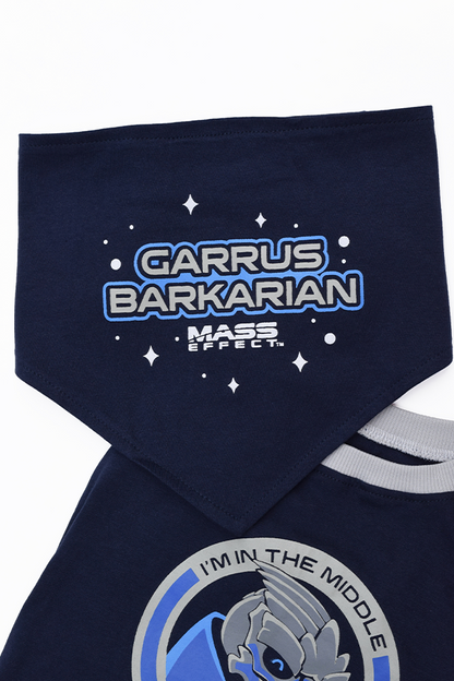 Image shows Mass Garrus Barkarian (wordplay on Vakarian, Garrus' last name) Bandana facing front. Garrus Vakarian is a turian, formerly part of C-Sec's Investigation Division. Like most turians, Garrus had his military training at fifteen, but later followed in his father's footsteps to become a C-Sec officer.