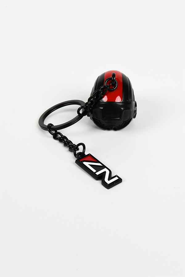 Image shows Mass Effect N7 Helmet Keychain facing back with the N7 logo charm laid flat at the back.