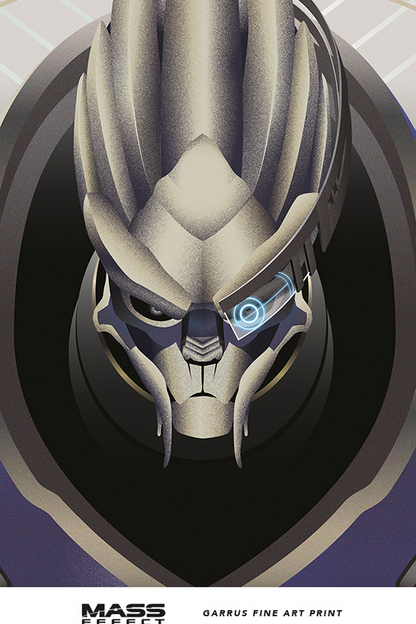 Image shows Mass Effect Garrus Fine Art Print with Garrus zoomed in. Product is glare-resistant and is 36 x 3 x 3 inches