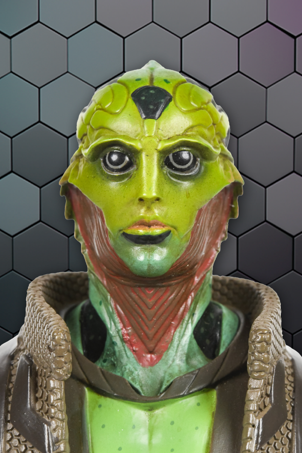 Image shows Thane Krios Statue with the face zoomed in. Thane Krios is a drell assassin, rumored to be the most skilled in the galaxy. Unlike most assassins, who prefer to snipe their targets from a distance, Thane prefers to get up close and kill his target personally, utilizing a mixture of stealth, firearms, hand-to-hand combat and biotic abilities.