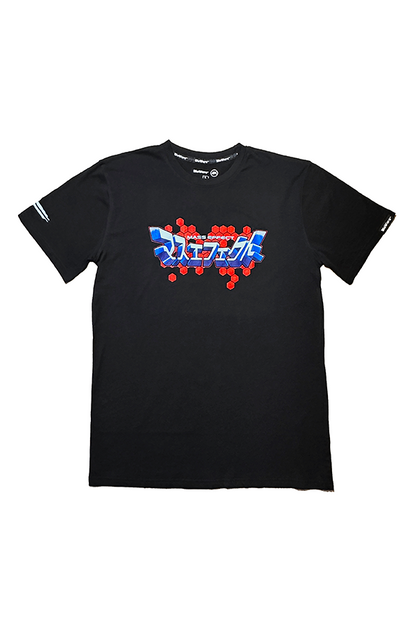 Image shows Mass Effect Japanese Logo Tee facing front. Product is made with 100%  Cotton Jersey and features a right sleeve print and a left hem clip tag.
