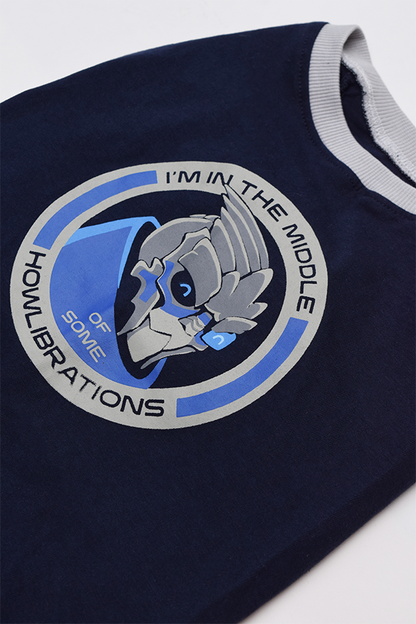 Image shows Mass Effect Garrus Barkarian Dog Tee laid flat facing at  left angle. Product features a back screen print with a logo of Garrus and text that reads "I'm in the middle of some howlibrations"