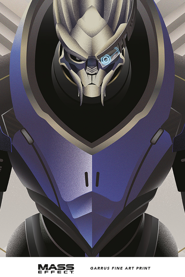 Image shows Mass Effect Garrus Fine Art Print with Garrus zoomed in. Garrus Vakarian is a turian, formerly part of C-Sec's Investigation Division. Like most turians, Garrus had his military training at fifteen, but later followed in his father's footsteps to become a C-Sec officer.