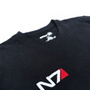 Image shows Mass Effect N7 3D Embroidered OPA T-Shirt laid flat with the upper torso zoomed in. N7 is a vocational code in the Systems Alliance military. The 