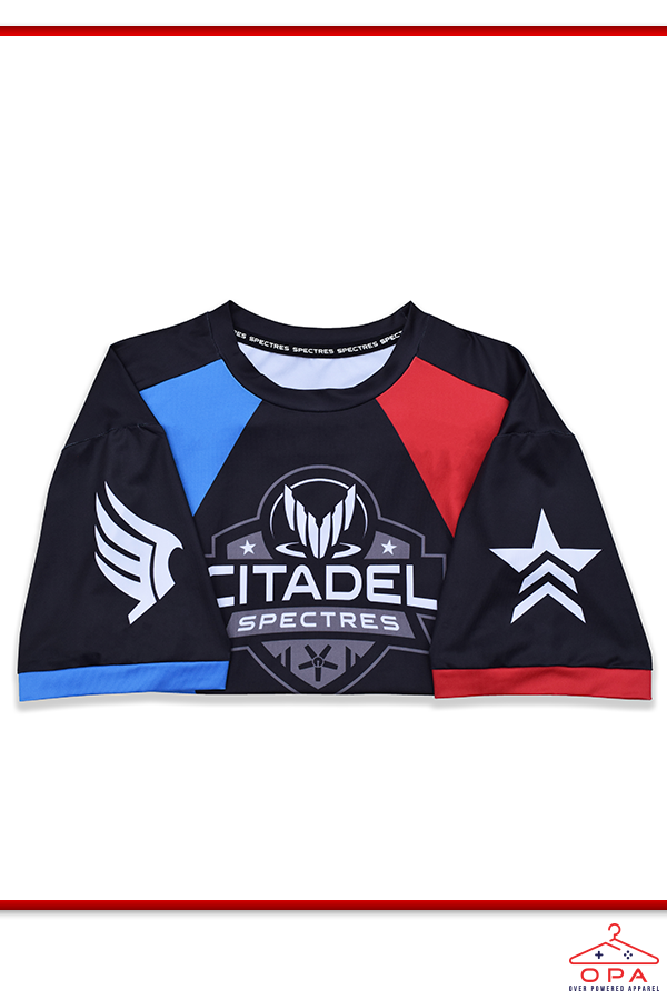 Image shows Mass Effect eSport OPA Jersey laid flat with the sleeves folded infront. Product features banded hem and sleeve cuffs. The sleeves highlights the paragon logo on the wearer's right sleeve and the renegade logo on the wearer's left sleeve.