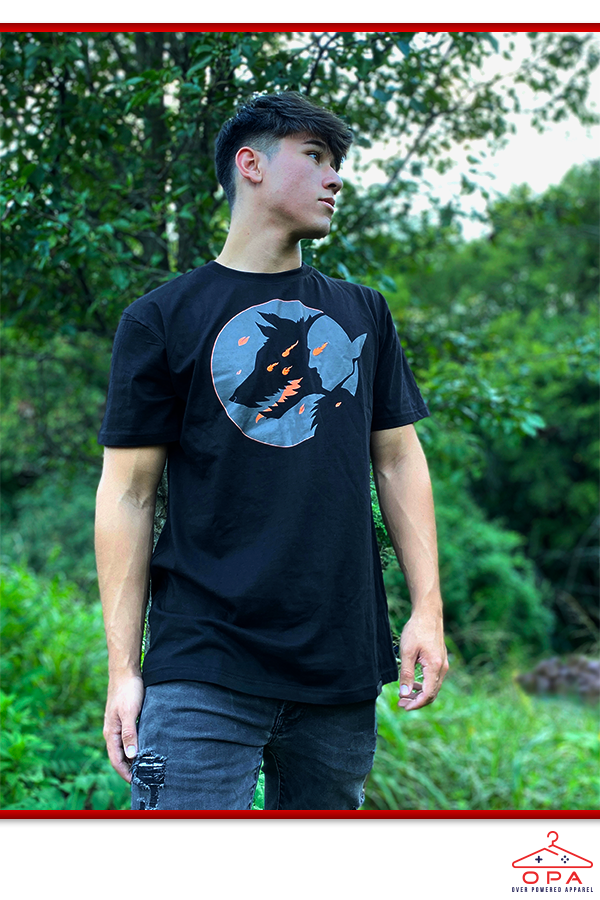 Image shows Dragon Age Dread Wolf OPA Tee worn by male model facing at an angle. Product is a Bioware Gear Store exclusive and is a wonderful gift for Dragon Age and Bioware fans.