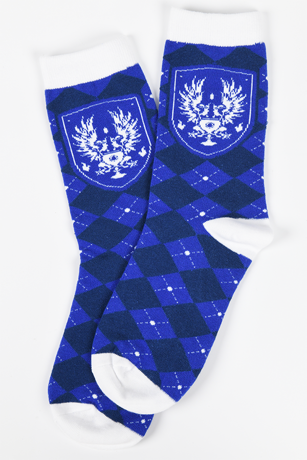 Image shows Dragon Age Grey Warden blue argyle socks laid flat.  Product fits Mens size 7-13 and Womens size 5-10.