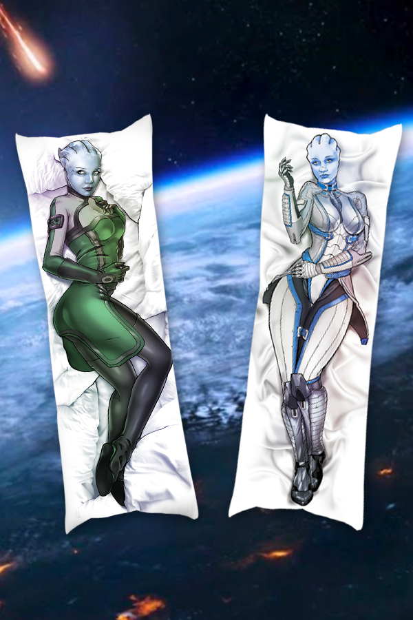  Image shows 2 Mass Effect Liara Body Pillow facing front. Made using 100% polyester satin, the pillowcase is extremely gentle on your skin and sure to make your dreams extra sweet.