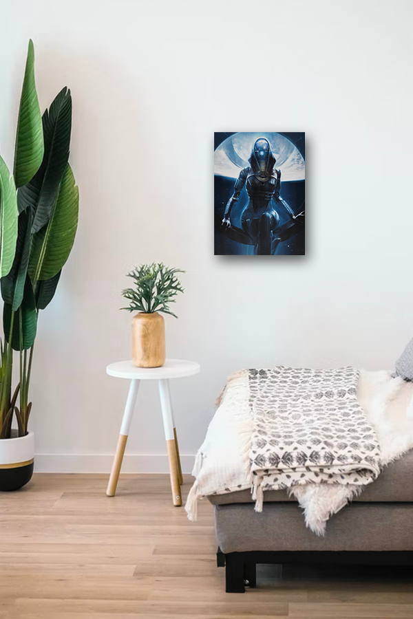 Image shows Mass Effect Tali Small Canvas Print hanging on a wall. Art by Mass Effect Concept Artist, Benjamin Huen. Benjamin Huen is a concept artist and illustrator from Toronto, Canada currently working extensively in the game, movie, and graphic print industry. He has previously collaborated with BioWare on character and environmental concept development for Mass Effect.