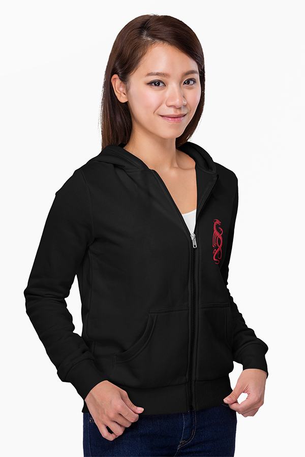 Image shows Dragon Age Tevinter Hoodie worn by female model facing front. Product features single needle edge stitch at collar and silver grommets.