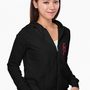 Image shows Dragon Age Tevinter Hoodie worn by female model facing front. Product features single needle edge stitch at collar and silver grommets.
