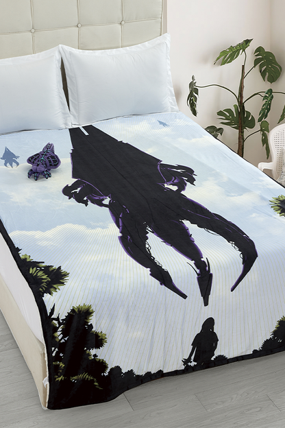 Image shows Mass Effect Reaper Essential Bundle's Blanket laid flat in a bed. The blanket is made with 100% polyester /front printed 180 gsm flat minky/backside 200 gsm sherpa