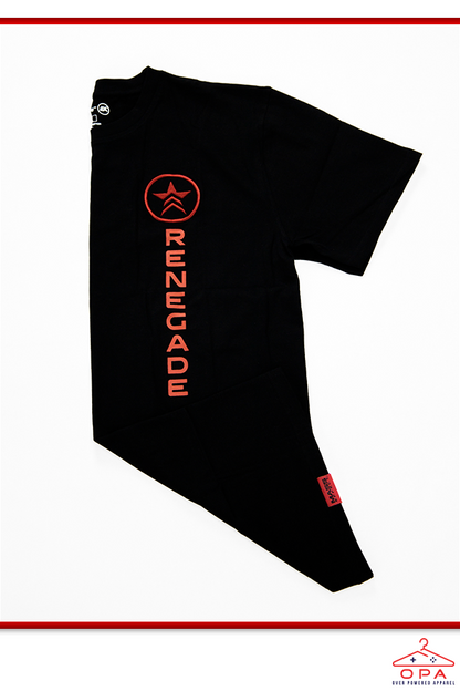 Image shows Mass Effect True Renegade OPA Tee folded in half (lengthwise) with the renegade logo and text showing. 