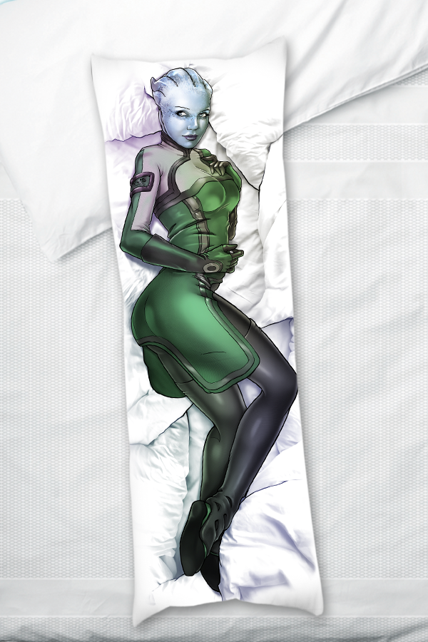 Image shows Mass Effect Liara Body Pillow laid flat with the seductive side facing front.