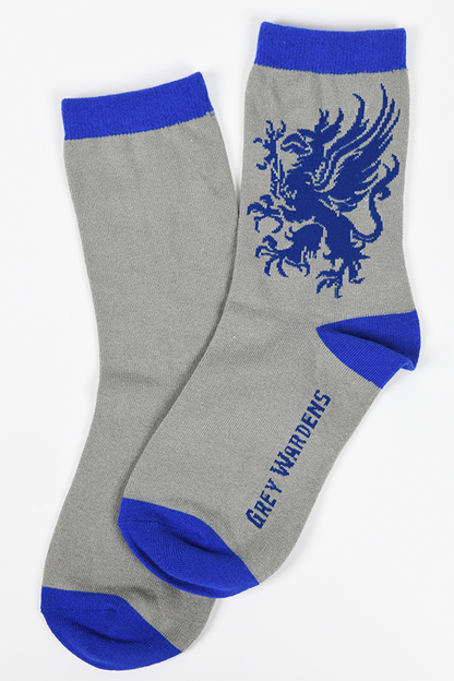 Image shows  Dragon Age Grey Warden gray socks laid flat. Product is 40-45g per pair.