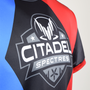 Image shows Mass Effect eSport OPA Jersey facing at a right angle with the Citadel Spectres emblem print zoomed in. 