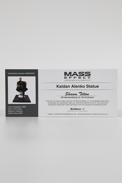 Image shows Mass Effect Kaidan Alenko Statue's Certificate of Authenticity. Each statue is individually numbered and weighs 19oz.