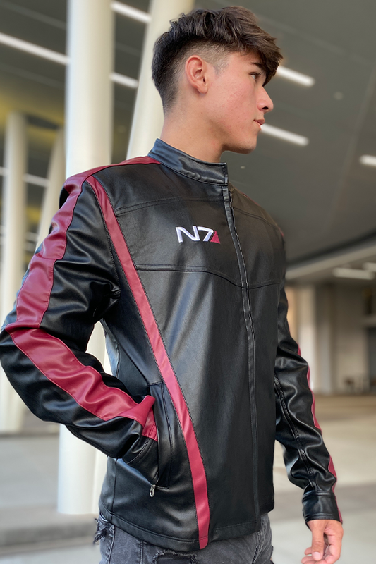 Image shows Mass Effect N7 Jacket Reimagined worn by male model facing at an angle. Jacket is fully lined with zip closure welt pockets.