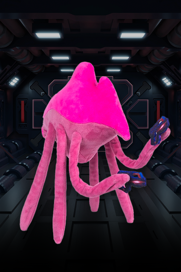 Image shows Mass Effect Blasto Plush facing at a right angle. Product is pink from head to tentacles and he stands tall with his loaded guns always ready for firing. Use him as a nap-time plushie or add him to your Bioware Mass Effect collection to add some Hanar honor to it.