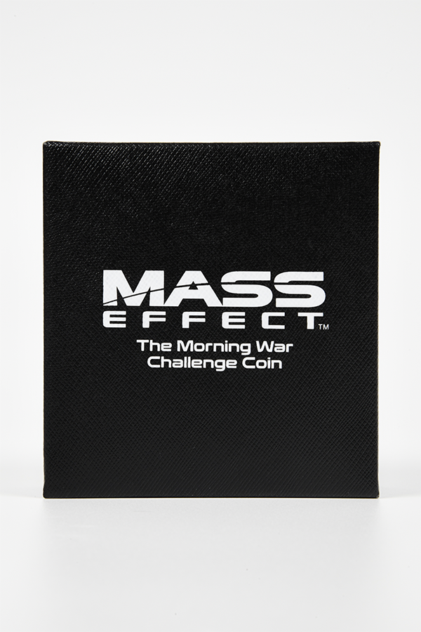 Image shows Mass Effect Morning War Challenge Coin's Box facing front,