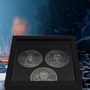 Dragon Age Three Advisors Coin Set with all coins inside the box with the box closed. 
