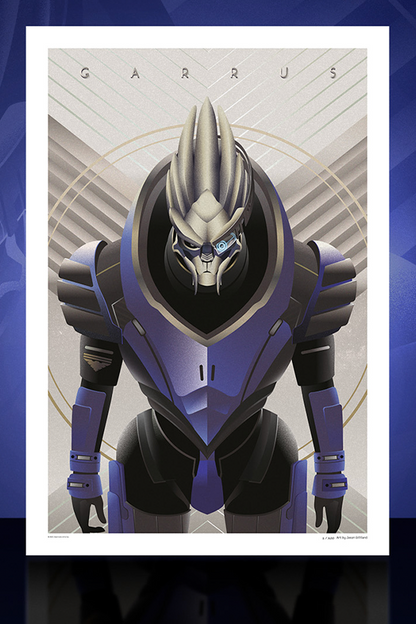 Image shows Mass Effect Garrus Fine Art Print facing front. This fine art print depicts Garrus as the Archangel—in his intimidating blue tactical suit, eager to head back to Omega for some unfinished business. The rugged black and blue exoskeleton is perfectly recreated with the menacing Turian looking ready to lay some space thugs to rest.  