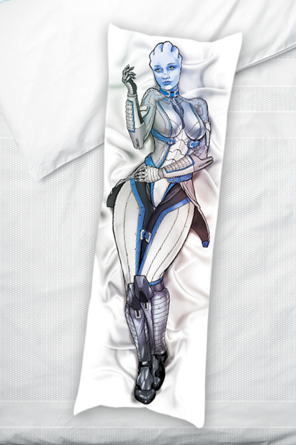 Image shows Mass Effect Liara Body Pillow laid flat with the vulnerable  side facing front.
