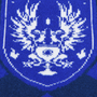Image shows Dragon Age Grey Warden blue argyle socks with the Commander of the Grey's logo zoomed in. 